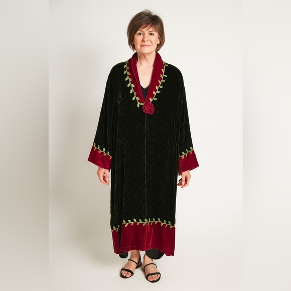 Vintage Goody Goody California Velvet Duster W/XL Green Pink Embroidered Dress - Picture 1 of 14